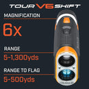 Bushnell Golf Tour V6 Shift Laser Rangefinder with Slope Compensation, 1300-Yard Range, Flag Lock Vibration, Magnetic Cart Mount, 6X Magnification, Waterproof – Tournament Legal (Orange, Patriot Pack)