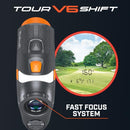 Bushnell Golf Tour V6 Shift Laser Rangefinder with Slope Compensation, 1300-Yard Range, Flag Lock Vibration, Magnetic Cart Mount, 6X Magnification, Waterproof – Tournament Legal (Orange, Patriot Pack)
