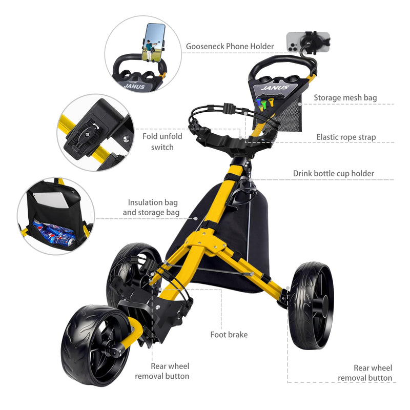 JANUS Foldable 3-Wheel Golf Cart with Phone Mount & Storage