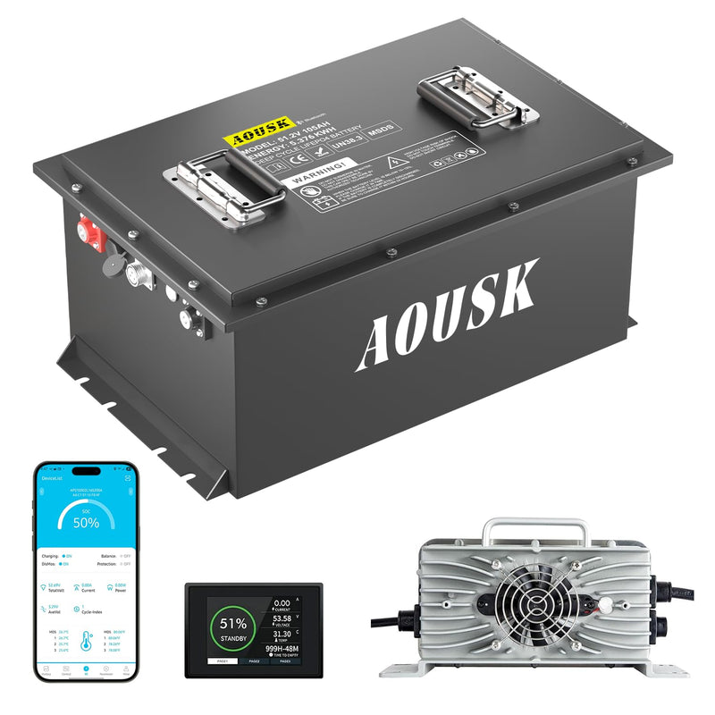 AOUSK 48V 105Ah Lithium Golf Cart Battery Kit - Charger & App
