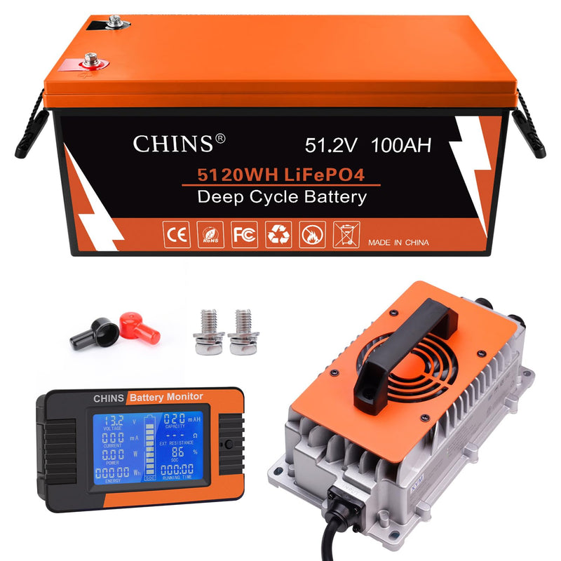CHINS 48V 100Ah Lithium Golf Cart Battery Kit with Charger & Monitor
