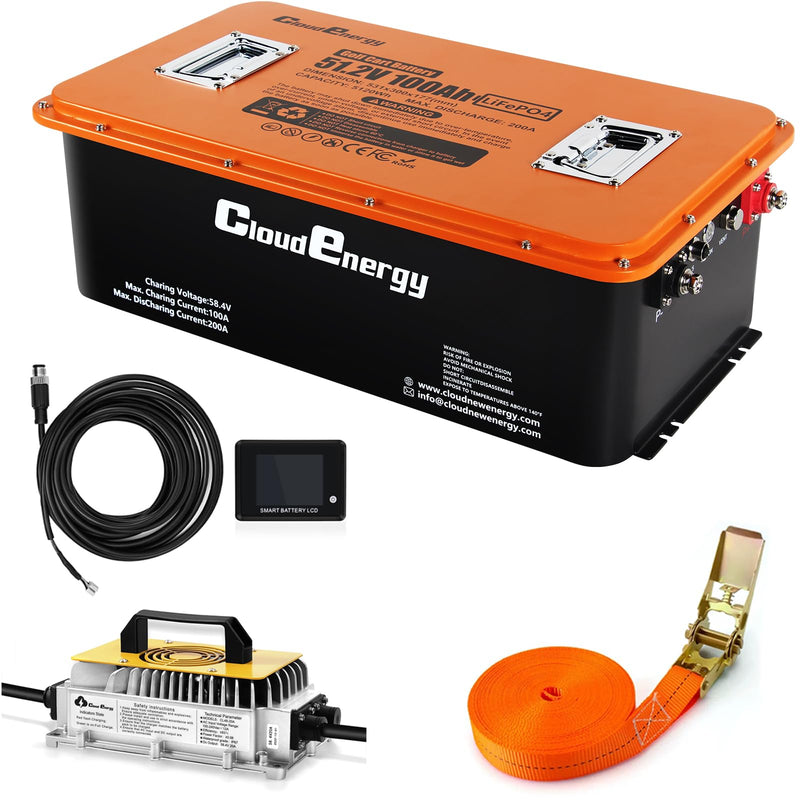 Cloudenergy 48V (51.2V) 100Ah Lithium Battery Kit with Charger & App