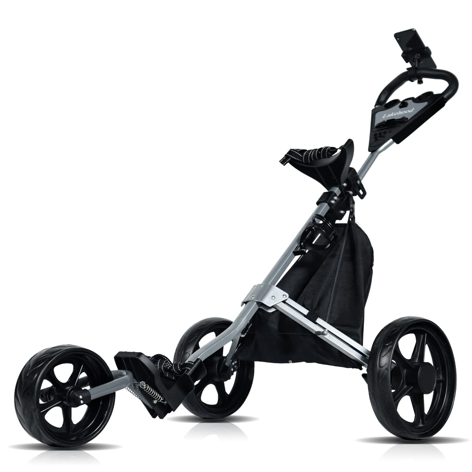 Lakehood 3-Wheel Folding Golf Push Cart with Storage & Phone Holder