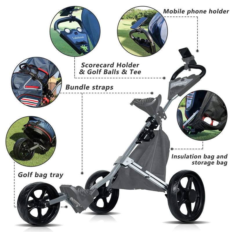 Lakehood 3-Wheel Folding Golf Push Cart with Storage & Phone Holder