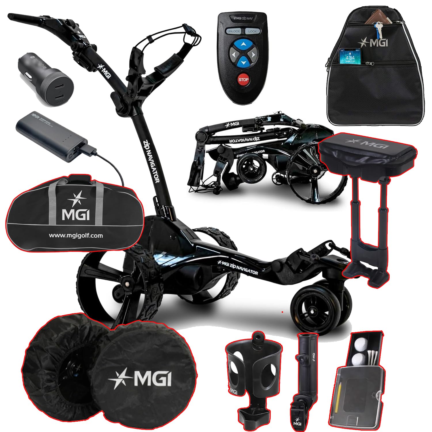 MGI Zip Navigator Remote Golf Cart with Power Bundle