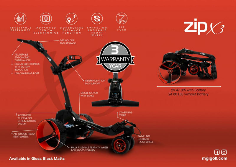 MGI Zip X3 Smart Electric Golf Cart with GPS Holder – Black