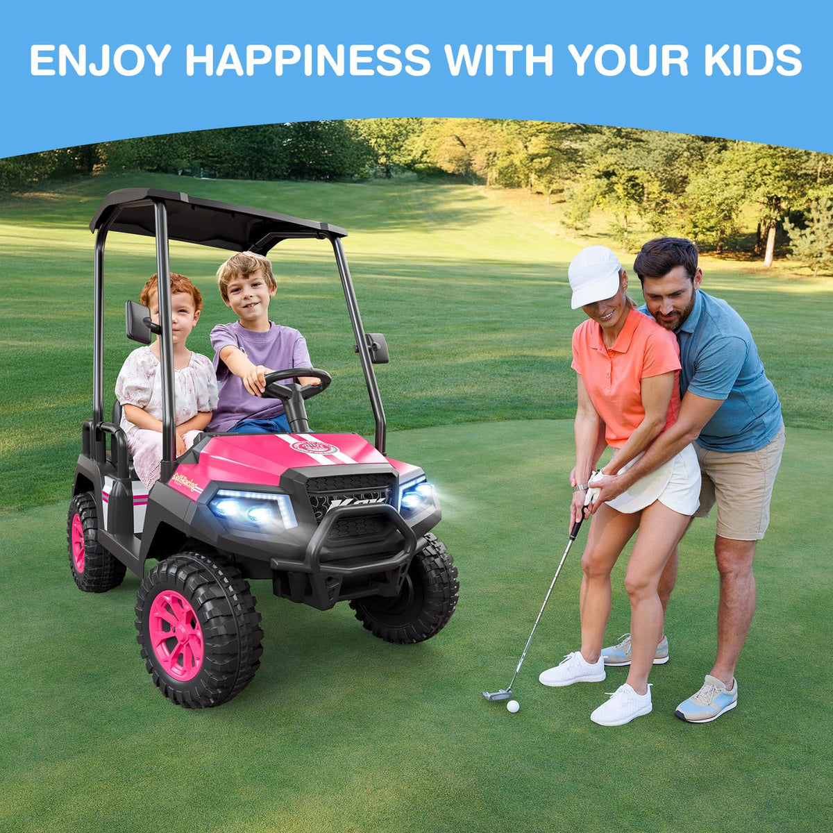 peg perego pink atv Pink 24V 4-Seater Ride-On Golf Cart for Kids with Remote