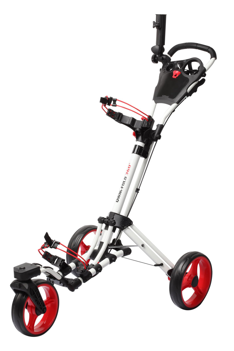 Qwik-Fold 360 Swivel Golf Cart – White/Red, One-Second Fold