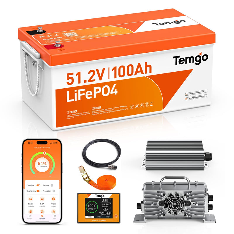 TEMGO 48V 100Ah Lithium Golf Cart Battery Kit with Charger & Display